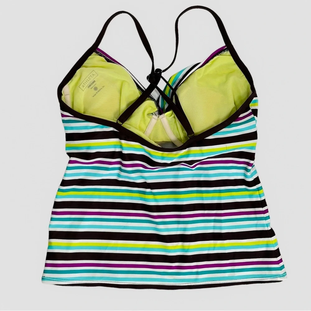 Athleta Womens Striped Swim Top Criss Cross Straps Green Brown Blue 34D/32DD